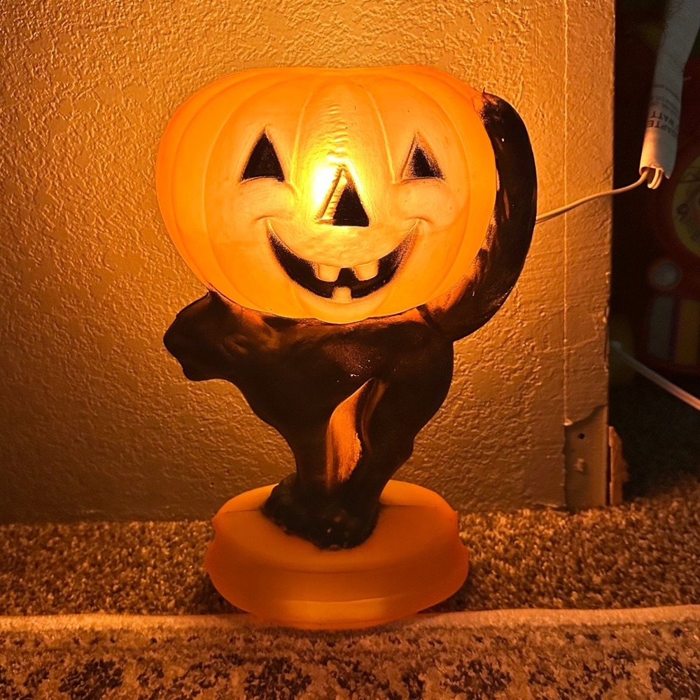 Vintage Halloween Black Cat Jack O Lantern Blow Mold Table Lamp Light 13.5 Inch